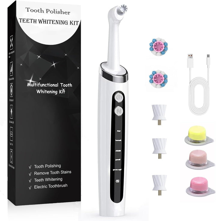 Tooth Polisher Plaque Remover for Teeth Whitening with 5 Modes & 5 Heads | Teeth Stain Remover for Plaque Removal | 3 Polishing Paste and LED Light