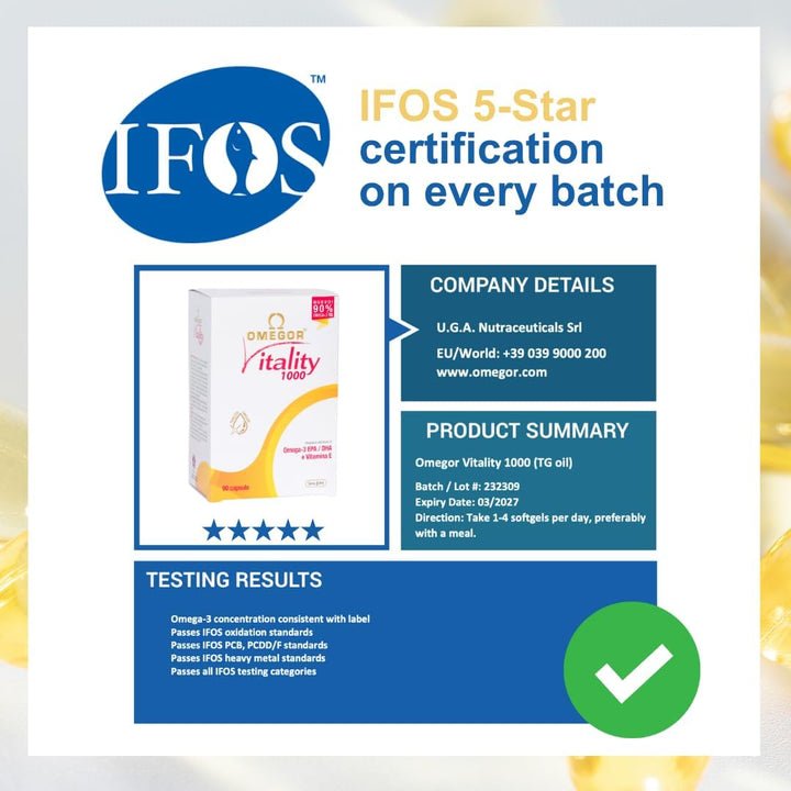 Omega 3 Capsules High Strength -  Vitality 1000 Omega3 Supplement with 535Mg EPA and 268Mg DHA for Heart, Brain and Eye Vision - No Fishy Aftertaste (90 Softgel Caps)