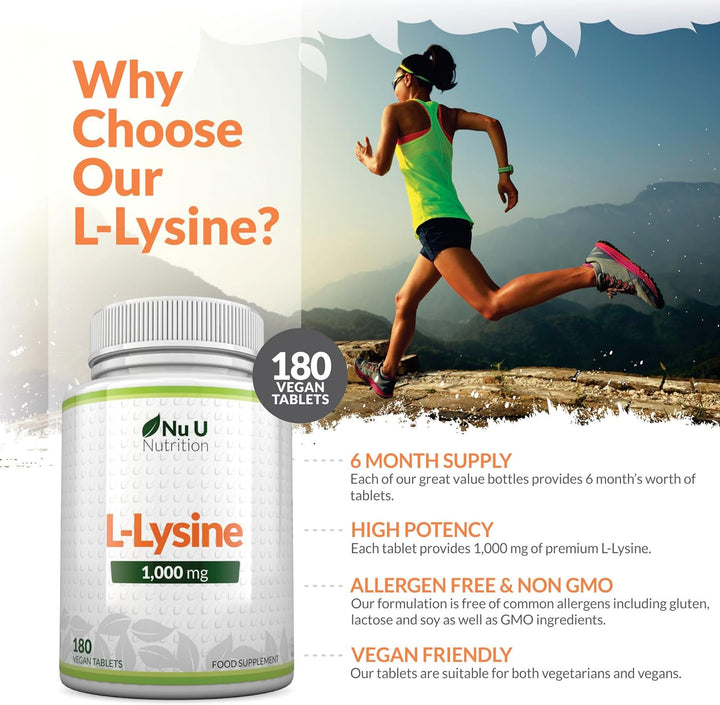 L-Lysine 1000Mg High Strength - 180 Vegan Tablets - 6 Month Supply - Gluten Free - Made in the UK -