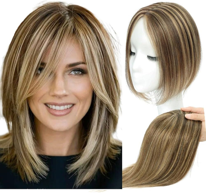 Hair Toppers with Thinninghair 100% Real Human Hair Topper for Women 10Inch Medium Brown Mix Blonde with Dark Brown Root Toppers 120% Density Top Toppee for Thinninghair4T427