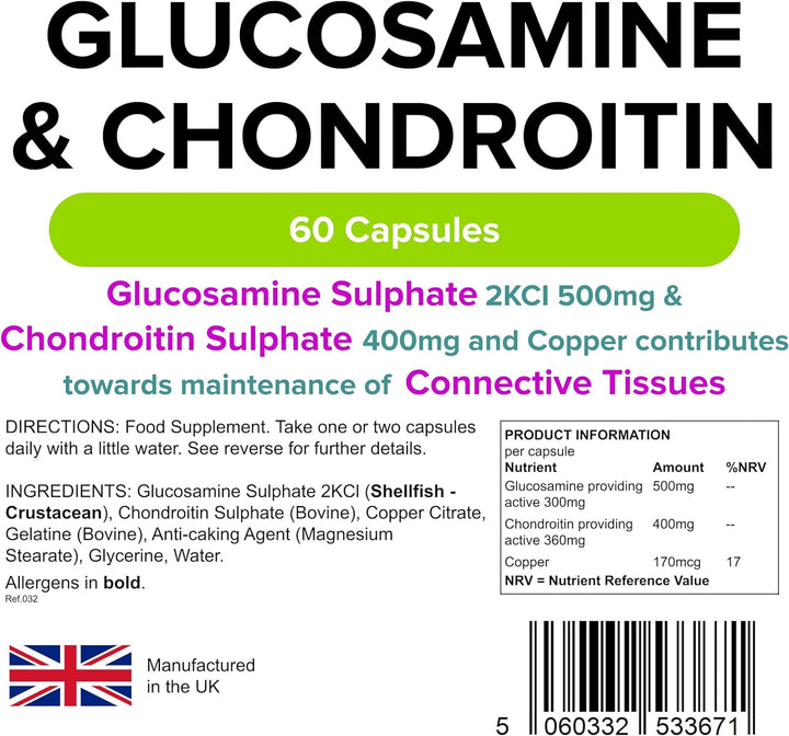 - Glucosamine & Chondroitin, 60 Capsules - UK Made - Glucosamine Sulphate 2Kcl 500Mg, Chondroitin 400Mg with Copper - Connective Tissue & Joint Support, Letterbox Friendly
