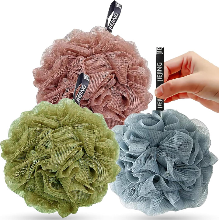 Loofah Shower Puff 3Pcs - Ultra Soft Mesh Bath Sponges for Adults Exfoliating, Scrubbing and Cleaning - Body Scrubbers for Use in Shower