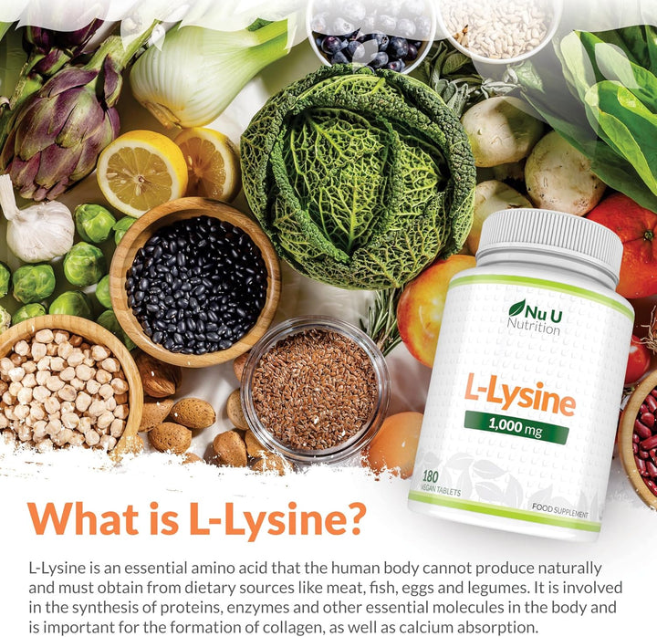 L-Lysine 1000Mg High Strength - 180 Vegan Tablets - 6 Month Supply - Gluten Free - Made in the UK -