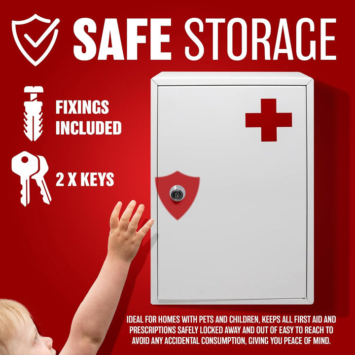 First Aid Medical Cabinet Safe Storage Box with Lock & Key - Use at Home, Bathroom, Office, School, Lab Medication Kit | Wall Mounted with Fixings Included | Lockable, Child Proof & Comes with 2 Keys