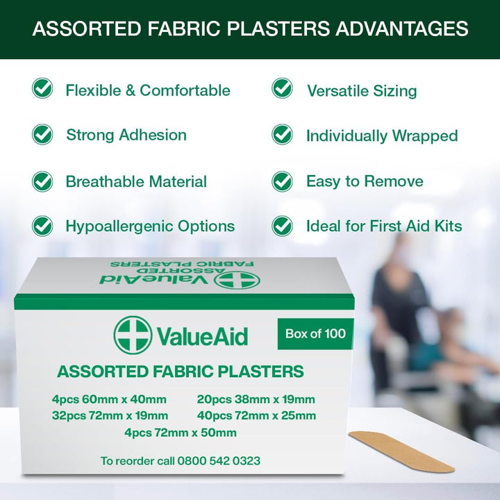 Fabric Plasters Assorted - Box of 100 Individually Wrapped Hypoallergenic Plasters, Latex-Free Adhesive - 5 Popular Sizes for First Aid Kit & On-The-Go Use Medical Supplies