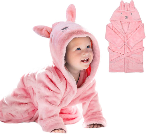 Baby Bathrobe for Girls, 3D Pink Rabbit Dressing Gown, Super Soft Flannel Hooded Bath Towel, Animal Bath Robe Sleepwear for 0-3 Years
