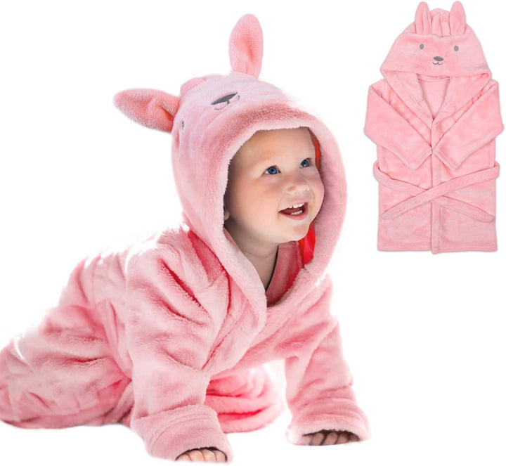 Baby Bathrobe for Girls, 3D Pink Rabbit Dressing Gown, Super Soft Flannel Hooded Bath Towel, Animal Bath Robe Sleepwear for 0-3 Years