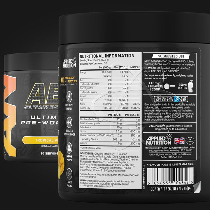 ABE Pre Workout - All Black Everything Pre Workout Powder, Energy & Physical Performance with Citrulline, Creatine, Beta Alanine (375G - 30 Servings) (Tropical)
