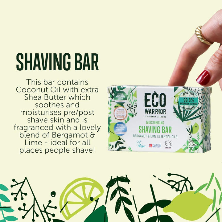 Eco Warrior Shaving Soap - Vegan, Cruelty Free, No SLS or Parabens, Shaving Soap for Men & Women, Contains Moisturising Coconut Oil & Shea Butter, Fragranced with Bergamot & Lime, Gift for Him, 100G