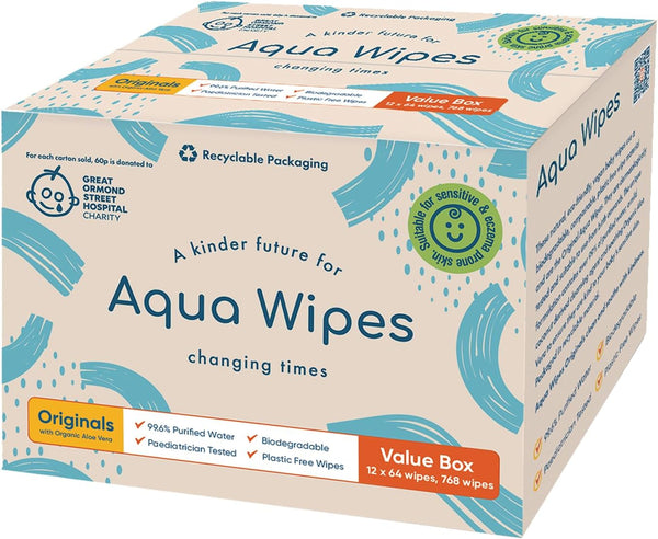 Originals Baby Wipes, 100% Biodegradable, Plastic Free, 99.6% Purified Water, Newborn Wipe, Vegan, Paraben and Perfume Free, NHS Approved (12 Packs of 64, 768 Wipes)