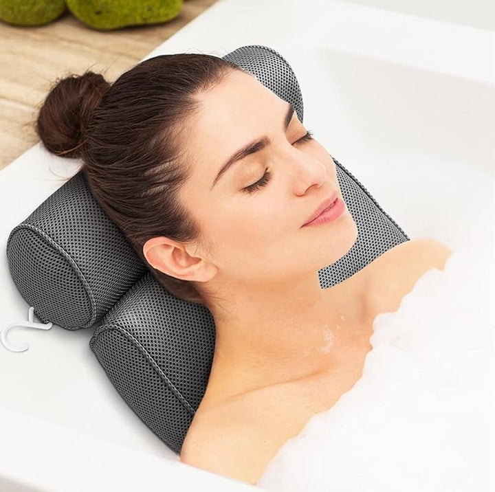 ®Bath Pillow - Extra Thick and Soft with Strong Suction Cups, Bath Pillow for Head and Neck with 3D Air Mesh Quality Comfort & Built-In Hook for Easy Drying & Storage (White)