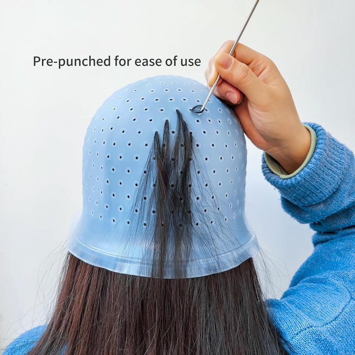 9 Pcs Highlighting Cap Kit Pre Holed Highlighting Cap Holes Opened Highlights Cap Hair Dye Cap Silicone Streaking Cap Frosting Cap with Disposable Professional Hair Colouring Dye Tools Kit