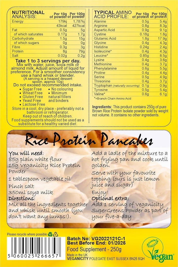 Brown Rice Protein Powder : Natural and Unflavoured 80% Protein Powder - 250G, in a Recyclable Pouch