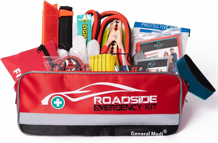 127-Pieces Roadside Car Emergency Kit Include Mini First Aid Kit, Jumper Cables,Tow Rope, Bandage, Safety Vest, Emergency Triangle, All in One Pack