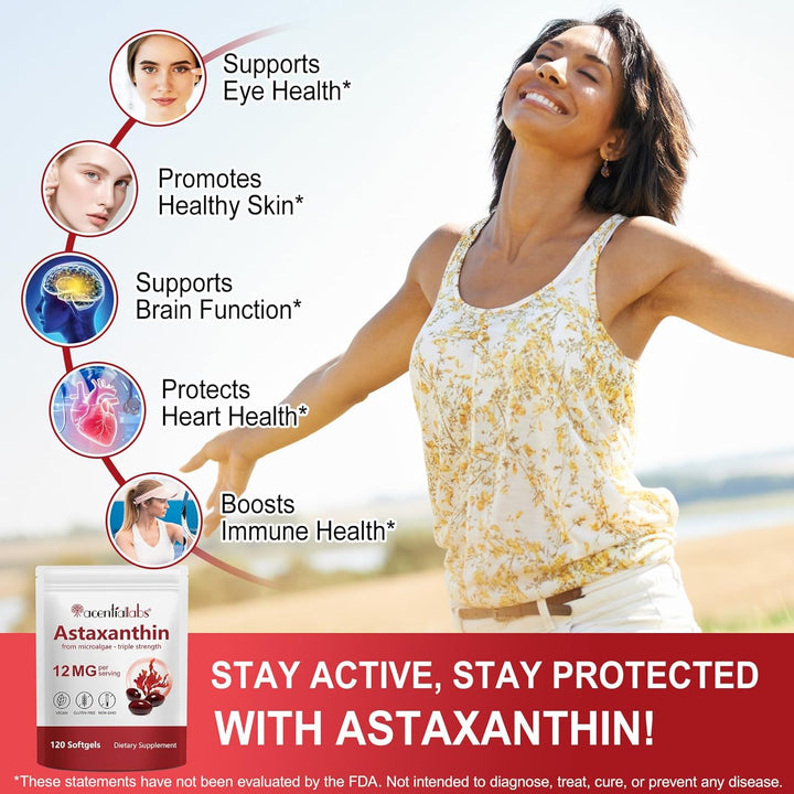 Astaxanthin Supplements 12Mg 120 Softgels, Premium Astaxanthin Antioxidant Supplement, Supports Eye, Skin, Joint, Brain, Heart & Immune System Health, Fresh Microalgae Source, Non-Gmo & No Gluten