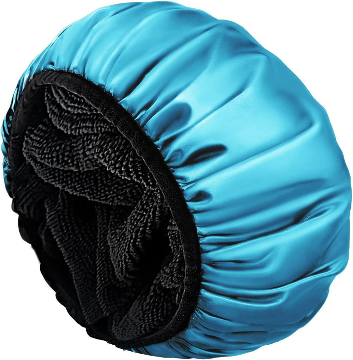 Shower Cap,Extra Large Triple Layer Bathing Cap with Dry Hair Function for Women Microfiber Terry Cloth Silky Satin 100% Waterproof Reusable Long Hair Bath Caps