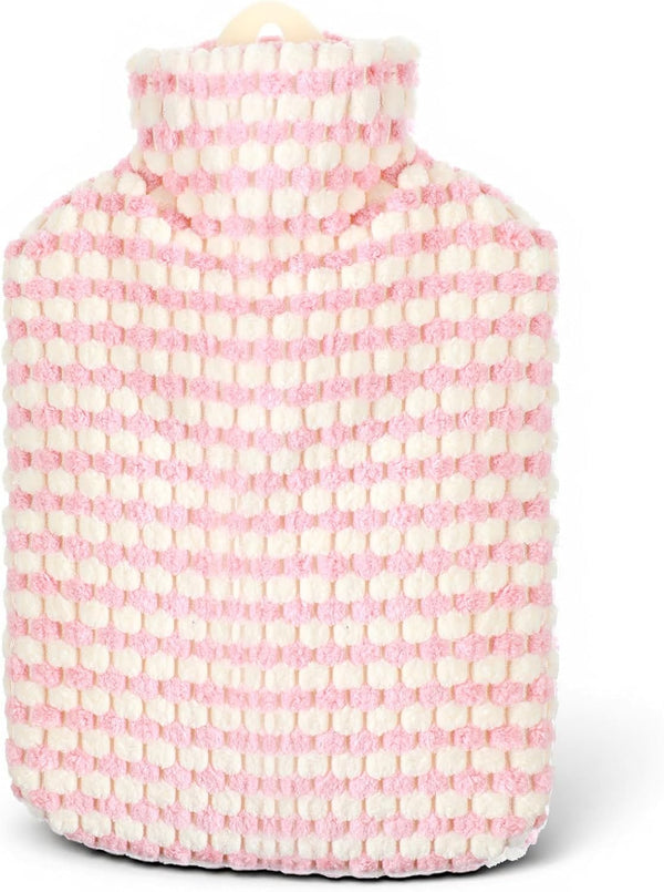 Hot Water Bottle, 500ML Small Hot Water Bottle with Cover Stripe Style Hand Warmer with Soft Premium Faux Fur Cover 2-In-1 Bottles for Cold & Hots Compress Bag for Women Seniors(Pink)