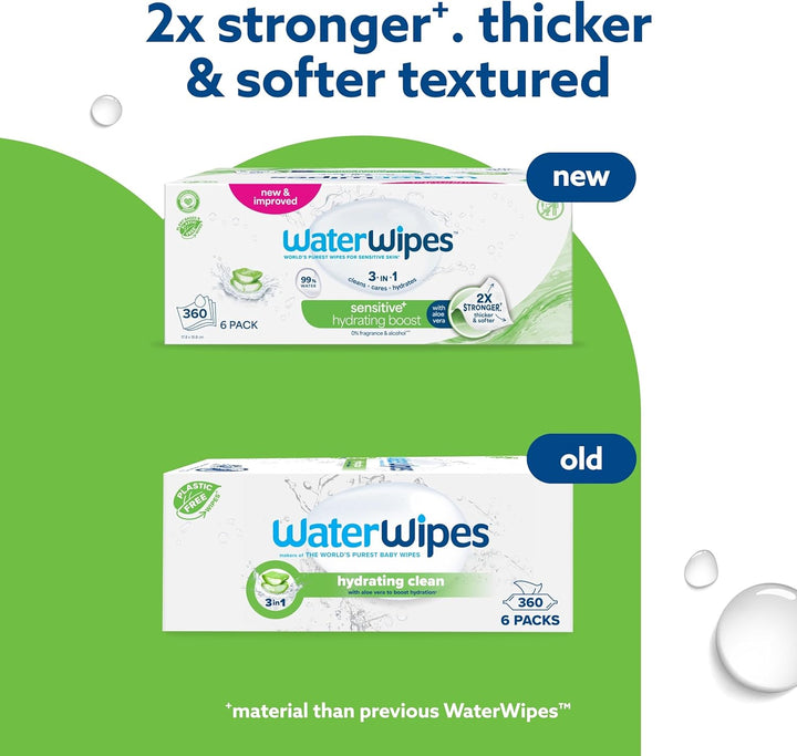 Sensitive+ Hydrating Boost Wipes, 360 Count (6 Packs), 3-In-1 Cleans, Cares, Hydrates, 99% Water with Aloe Vera, Unscented Baby Wipes