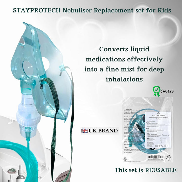 Nebuliser Replacement Set for Kids Respiratory Treatment Includes Nebuliser Chamber, 2.1M Long Tubing & Kid'S Mask, Universal Compatibility with Nebuliser Machine for Home & Travel Use.