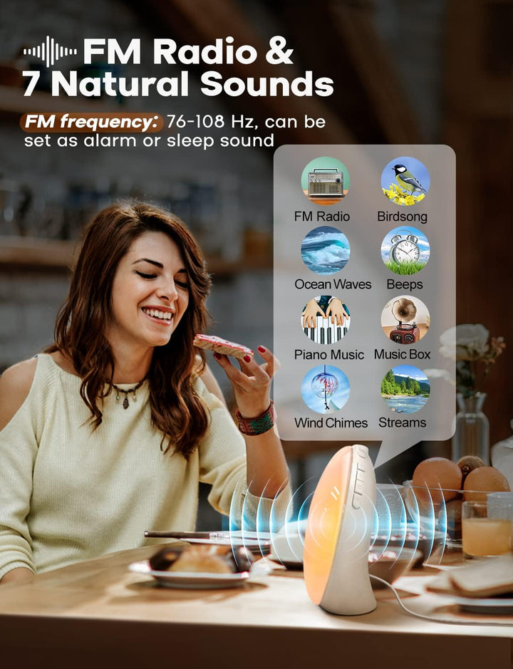 Sunrise Alarm Clock with Wake up Light - Dual Alarm, Sunrise & Sunset Simulation, FM Radio, 7 Natural Sounds, Full-Screen Touch Display, Bedside Clock for Adults & Kids