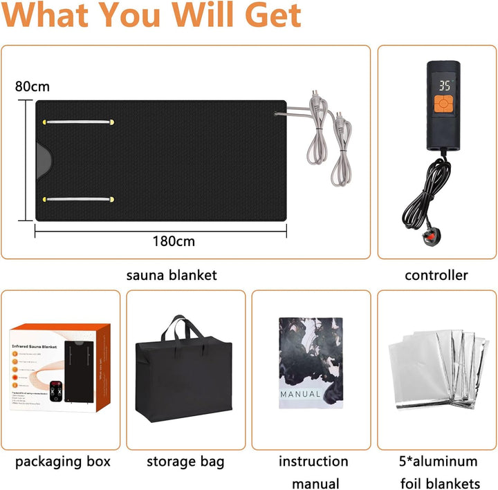 Infrared Sauna Blanket, 180×80Cm Portable Home Sauna Blanket for Deep Heat, with Storage Bag & Handheld Controller, Adjustable 30–75°C, 20-60Min Timer, Waterproof Home Spa for Relaxation