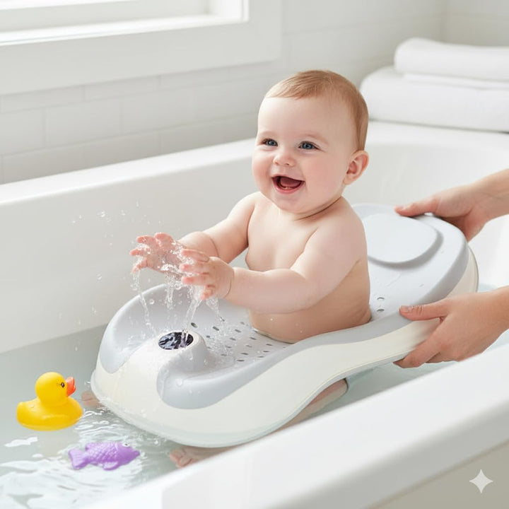 Baby Bath Support Seat – Ergonomic Infant Bath Lounger | Foldable, Non-Slip Baby Bather for Newborns 0–12 Months | Quick Drain Design | Soft PP+TPE Material | 55Cm (Grey2)