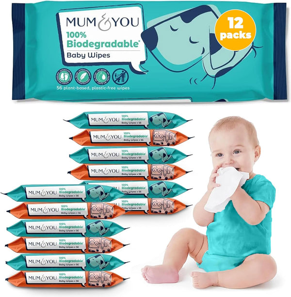 Mum & You Baby Wipes Multipack - 672 Biodegradable Wet Wipes (12 Packs) | 99.4% Water. Ideal for Sensitive Newborn Skin | Baby Wipes Bulk, Bum Wipes, Wet Tissue, Eco-Friendly Wet Wipes Baby
