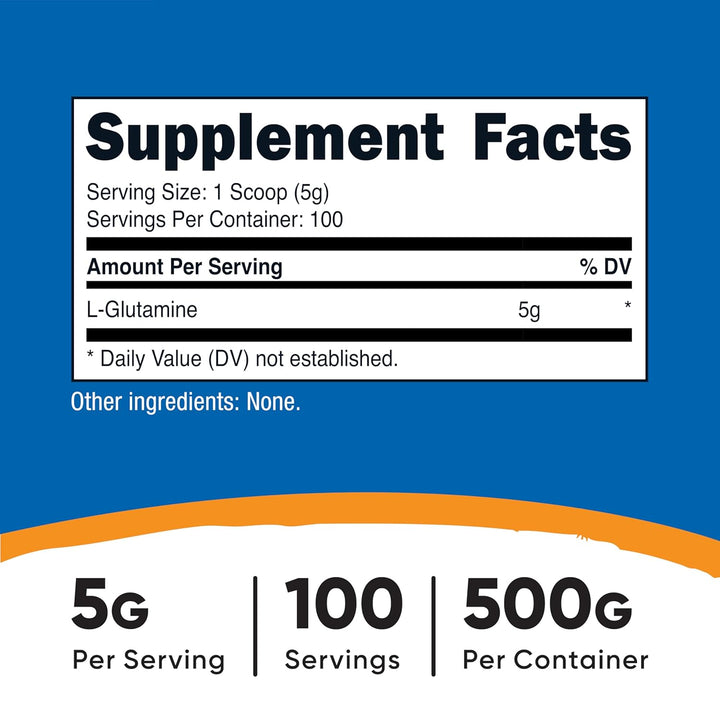 L-Glutamine Powder (500 Grams) Unflavoured - Gluten Free & Non-Gmo, 100 Servings