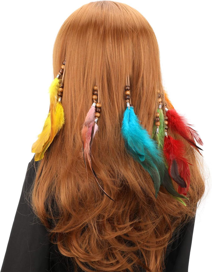 6Pcs Clip in Feather Hair Extension, Feather Extension, Women Halloween Costume Hair Accessories, Bohemian Hippie Hair Clips, Cosplay Native Tribal Feather Braided Beads Headdress