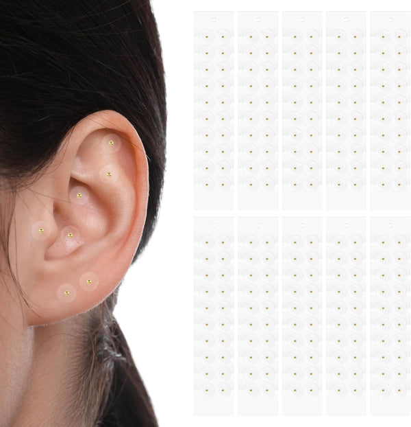 200PCS Ear Seeds, Gold Acupuncture Ear Seeds, Disposable ACU Seeds Health Care Sticker Kit for Men and Women Migraines Anxiety Stress Insomnia Depression Relief (10 Sheets)