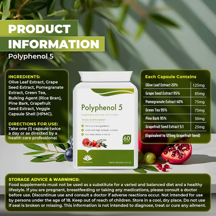 Polyphenol 5 - Pure 5-A-Day Fruit & Veg Dietary Antioxidants & Poluphenols | 60 Capsules - High Strength Polyphenol Supplement | Vegan | GMP Certified Product - Made in the UK by