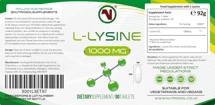 L-Lysine X 90 1000Mg Tablets | Smallest Possible 19Mm Formula | Easier to Swallow and Quicker to Absorb - Suitable for Vegetarian and Vegan. (90)