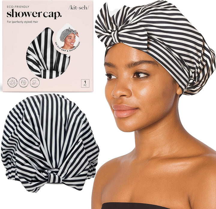 Luxury Shower Caps for Women Reusable Waterproof - Flexi Satin Lined, Large Wide Shower Cap for Women & Men, Adjustable, Stylish Hair Cap for Shower, for Long & Short Hair - Terracotta Checker