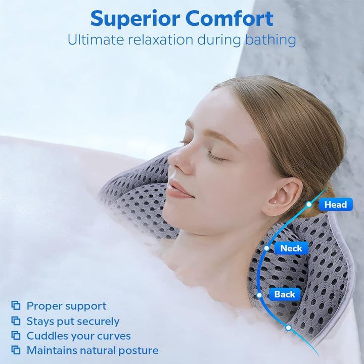 Luxury Bath Pillow, Non-Slip Comfortable Bathtub Pillow with 6 Suction Cups, Ergonomic 4D Air Mesh Headrest Cushion for Head, Shoulder, Neck and Back Support Home Spa Hot Tub Jacuzzi (Grey)