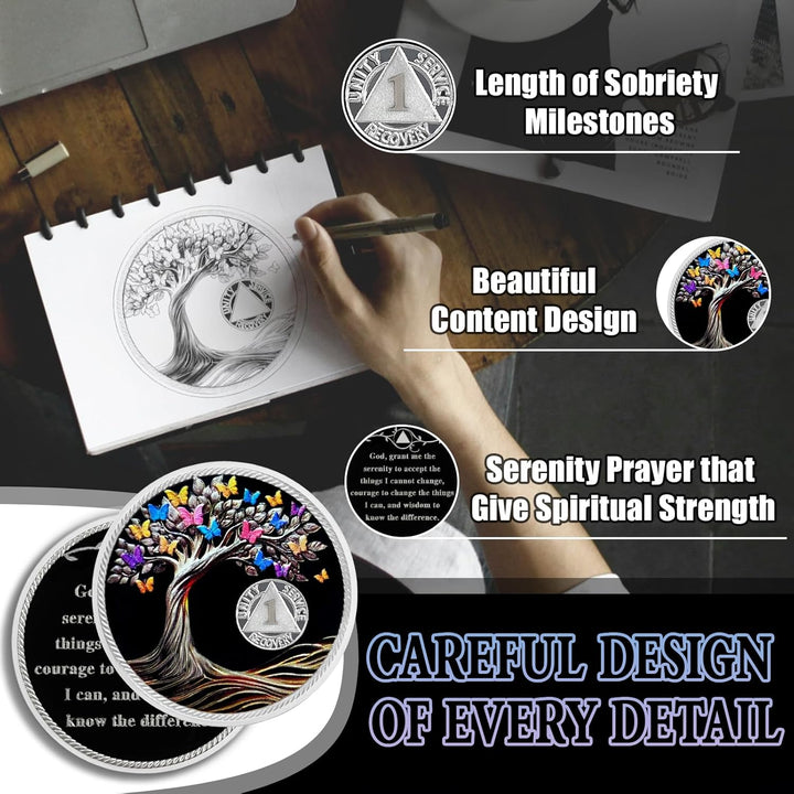 1 Month Sobriety Coin Butterfly Tree of Life AA Chips and Medallions,Sobriety Recovery Chip Sober Token Sobriety Gifts for Men Women Celebrating Alcoholics Anonymous Recovery