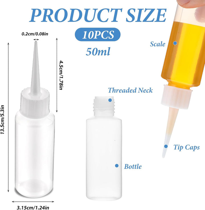 10Pcs 50Ml Plastic Squeeze Bottles Glue Bottles Precision Tip Applicator Bottle Color Bottles for Hair Salon, Paint Art, Craft, Liquids, Glue