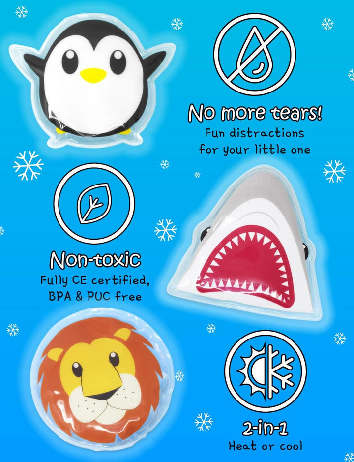 Cold Compress for Kids, Reusable Kids Ice Pack - Fever, First Aid, Boo Boos, Pain Relief, Bruises - Warm Soother for Toddler Headache, Bumps, Injury - 3 Pack for Boys (Shark, Penguin, Lion)