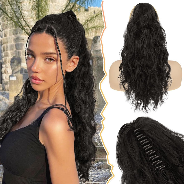 Ponytail Extension, Black Hair Claw Clip in Extensions Long Curly Wavy Hairpieces Drawstring for Natural Soft Synthetic Daily Use Party (18'', Black), 18 Inch