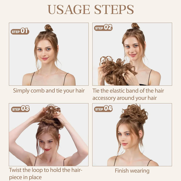 Messy Bun Hair Piece, Wavy Curly Messy Bun Scrunchie, Thick Tousled Hair Pieces for Women Girl(Black）