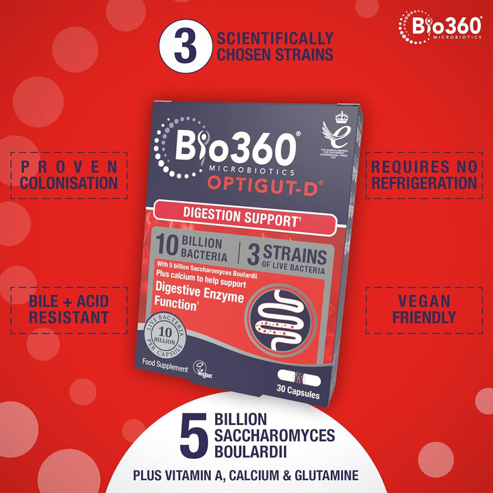 Bio360 Optigut-D Probiotic 10 Billion Live Bacteria - High Strength Vegan Digestive Gut Health Support - Gut Health Supplement for Adults & Kids - Gluten Free, Non-Gmo - 30 Capsules