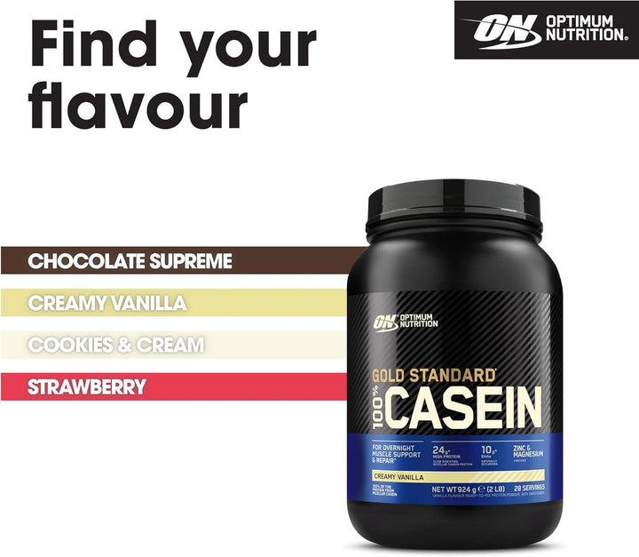 Gold Standard 100% Casein Slow Digesting Protein Powder with Zinc, Magnesium and Amino Acids, Support Muscle Growth & Repair Overnight, Creamy Vanilla Flavour, 28 Servings, 924 G