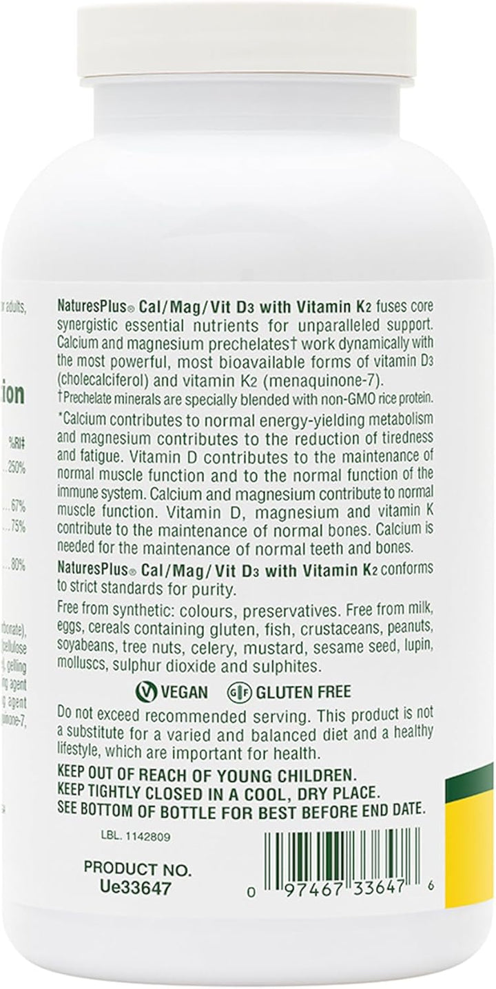 Cal/Mag/Vit D3 with K2 - Bone Health Supplement with Calcium, Magnesium, Vitamin D3, K2 - Vegetarian, Gluten Free - 180 Tablets