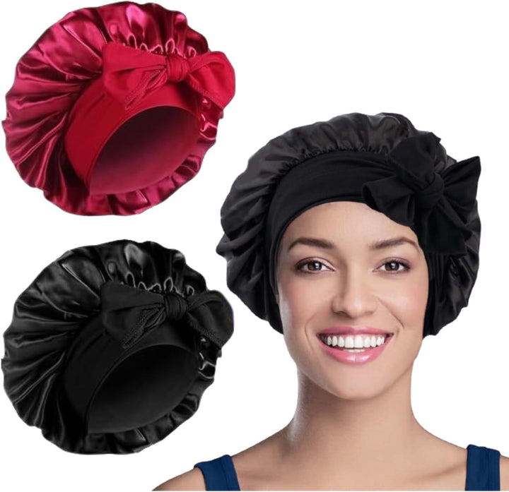 2PCS Satin Bonnet, Silk Bonnet Hair Wrap for Sleeping, Hair Bonnet for Bath, Tie Band for Women Long Curly Braid Hair (Black, Pink)