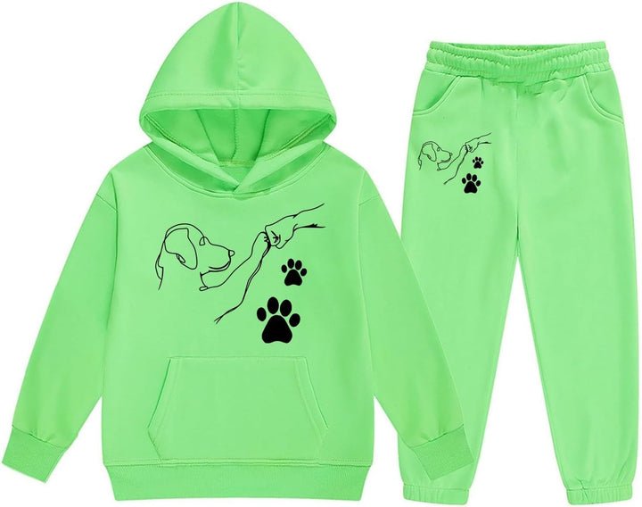 Girls Casual Hooded Tracksuit with Cute Cartoon Fist Bump Print and Drawstring Pockets for Autumn Winter Season