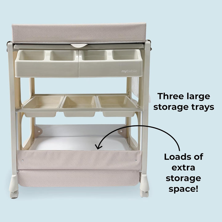 Baby Changing and Bath Unit - from Birth to 11Kg, Nursery Changing Station with Mat for Newborn, Infant Table with Water Basin and Storage - Oatmeal Herringbone