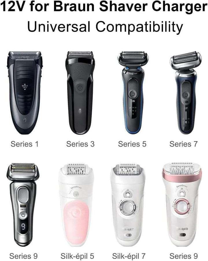 12V Shaver Charger Compatible with Braun Series 1, 3, 5, 7, 9 Trimmer Beard 3 Pin Chargers Power Lead 5544, 5409, 7220, 5377, Epilatpower or Silk-Epil 9, 7, 5, Razor (Not Fit for All-In-One Trimmer)