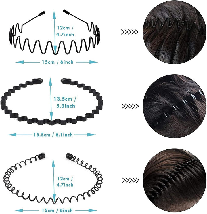 Metal Hair Band for Men,Women Elastic Wavy Hairband,Black Non-Slip Metal Headbands,Suitable for Outdoor Sports,Everyday Wear. (6 Pcs)