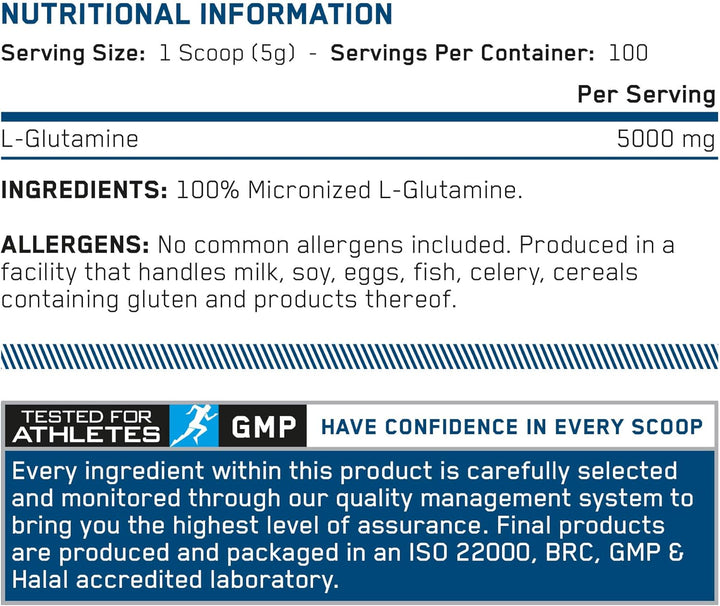 L Glutamine Powder - Amino Acid, Muscle Strength & Recovery, Boosts Immune System, Unflavoured (500G - 100 Servings)