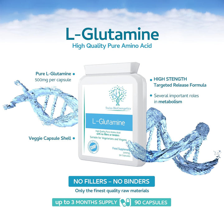 L-Glutamine 500Mg 90 Capsules - Pure Amino Acid with No Fillers or Binders - Suitable for Vegetarians and Vegans – Exclusively Manufactured in the UK