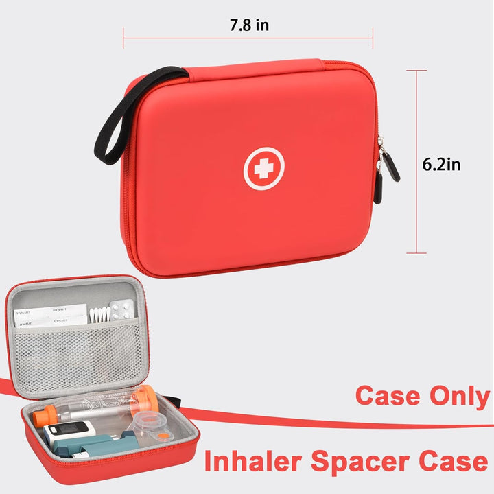 Asthma Medications Case, Hard Travel Case for Inhaler Spacer, Inhaler Mask, Pills, First Aid Supplies, Red